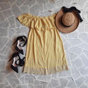 Yellow Gingham Off the Shoulder Dress